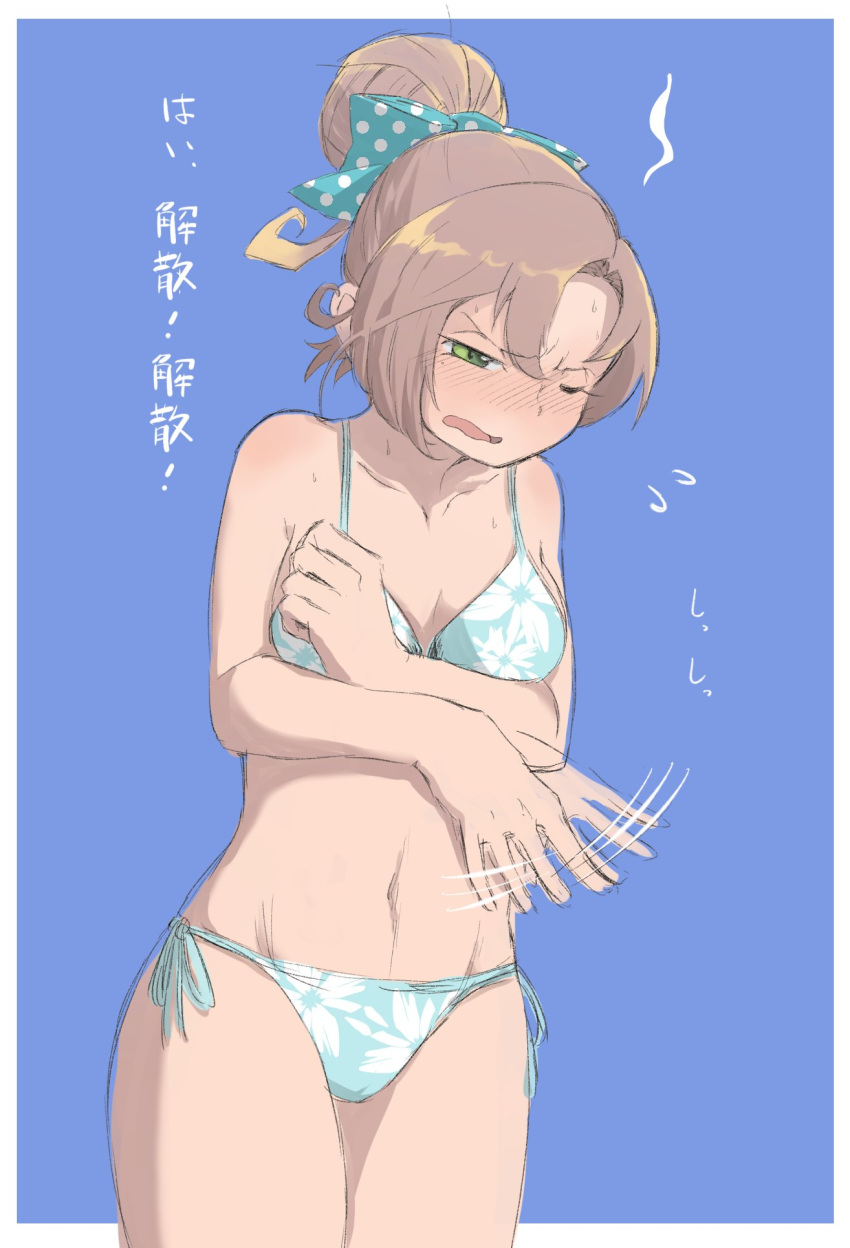 1girl, akigumo_(kancolle), alternate_hairstyle, bikini, blue_background, blue_bikini, blue_ribbon, border