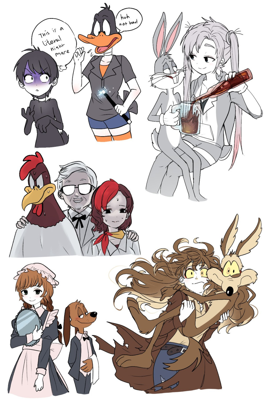 5girls, 6+boys, black_hair, brown_hair, bugs_bunny, butler, closed_mouth, colonel_sanders
