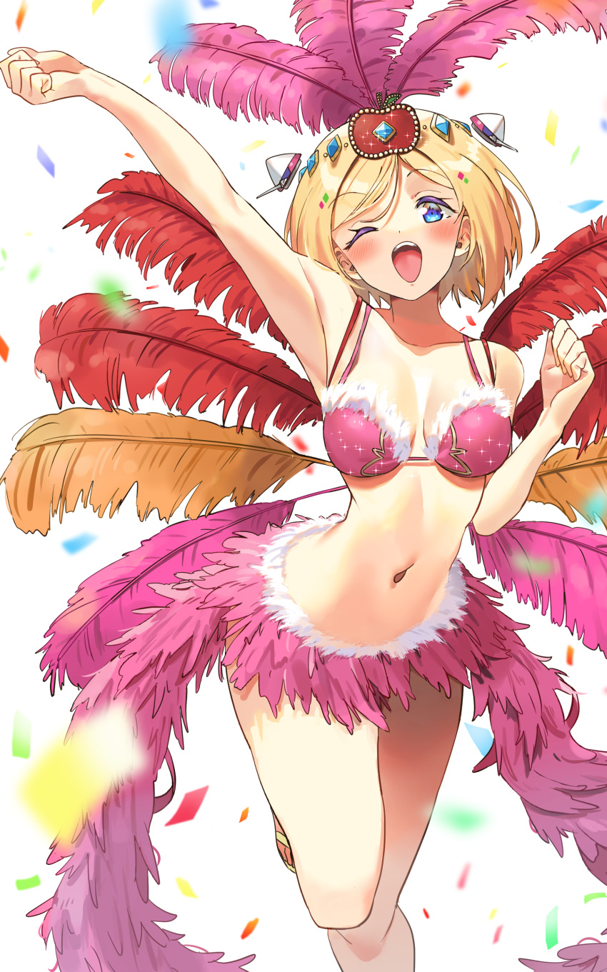 1girl, ;o, absurdres, aki_rosenthal, alternate_costume, arm_up, bangs, bikini, bikini_top, blonde_hair, blue_eyes, blush, bob_cut, carnival, clenched_hand, confetti, electriccross, feather_hair_ornament, feather_skirt, feathers, feet_out_of_frame, hair_ornament, headgear, highres, hololive, looking_at_viewer, lowleg, lowleg_skirt, microskirt, narrow_waist, navel, one_eye_closed, open_mouth, parted_bangs, pink_bikini, pink_skirt, samba, sandals, short_hair, skirt, solo, swimsuit, violet_eyes, virtual_youtuber
