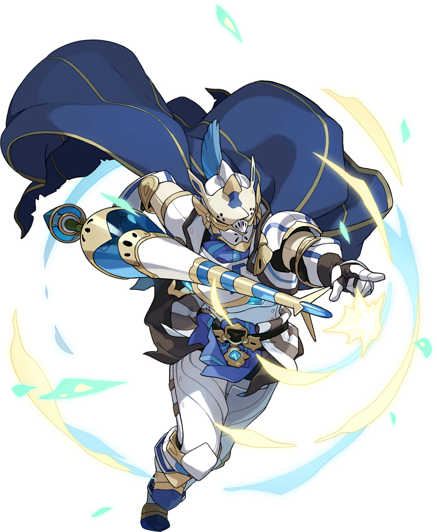 1boy, armor, armored_boots, arms_up, artist_request, aura, belt, blue_cape, boots, breastplate, cape, crystal, full_armor, full_body, gauntlets, helmet, highres, holding, holding_polearm, holding_weapon, jelal_(world_flipper), knight, lance, leg_up, male_focus, non-web_source, official_art, outstretched_arm, plume, pointing, polearm, running, sapphire_(gemstone), shiny, shoulder_armor, solo, spiked_helmet, spikes, torn_cape, torn_clothes, transparent, transparent_background, weapon, white_armor, white_footwear, world_flipper