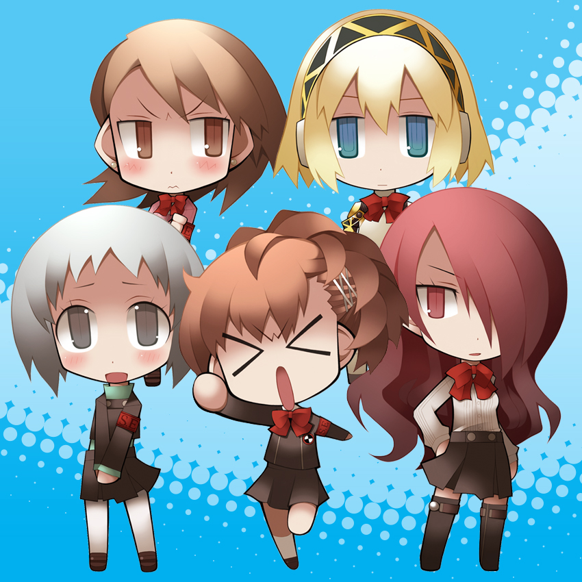 aegis, blonde_hair, blue_eyes, bow, brown_eyes, brown_hair, female_protagonist_(persona_3), hair_ornament