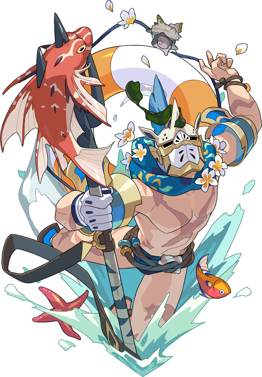 1boy, armlet, arms_up, artist_request, blue_neckwear, blue_swimsuit, bracelet, brown_footwear