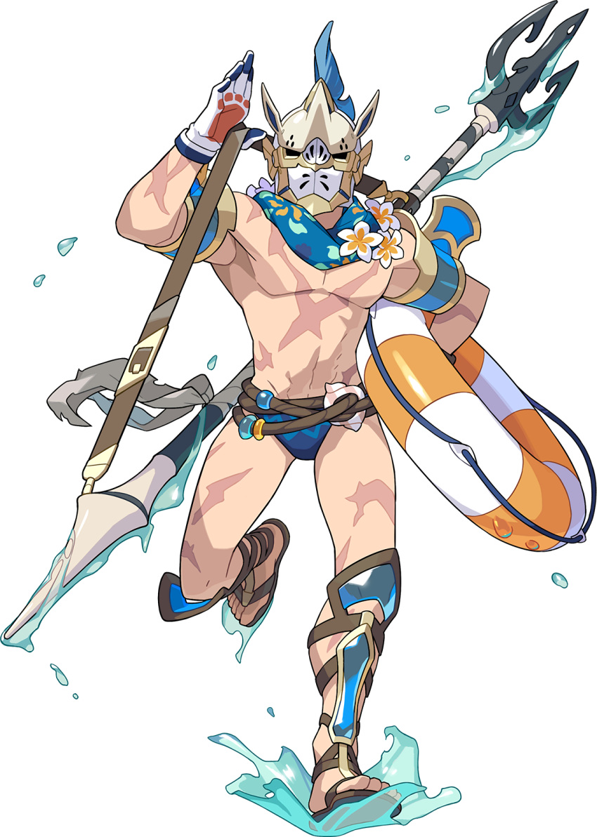 1boy, arm_up, armlet, armpits, artist_request, blue_neckwear, blue_swimsuit, bracelet