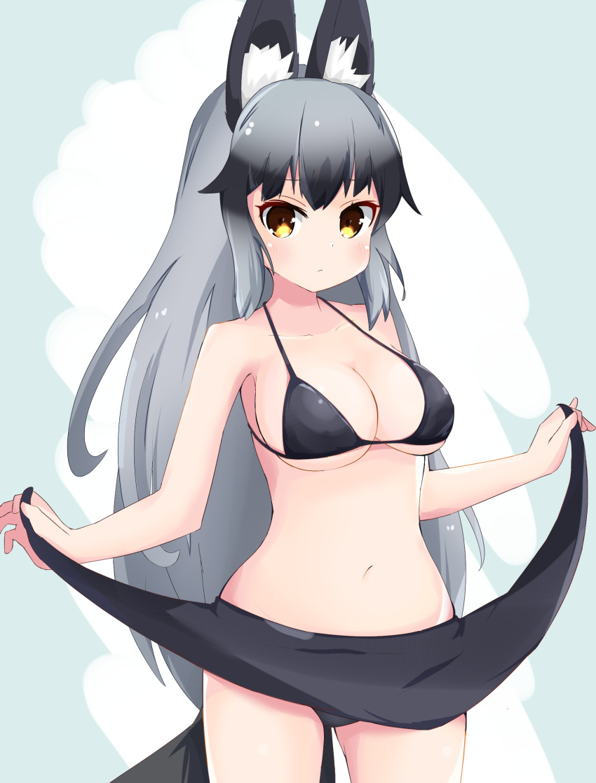 1girl, :/, animal_ear_fluff, animal_ears, berusa_(berutoo), bikini, blush, breasts