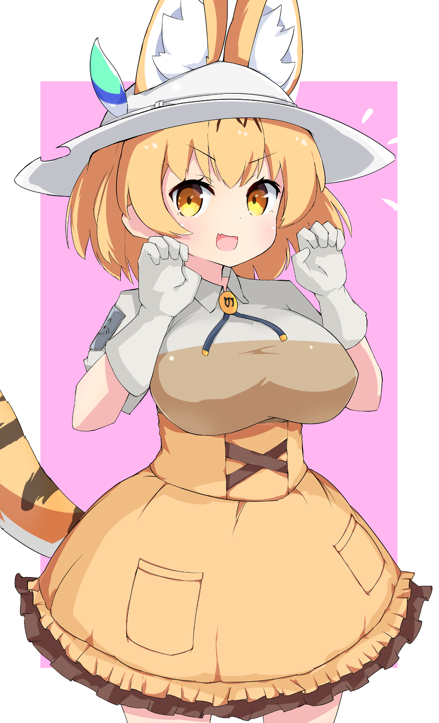 1girl, :d, animal_ear_fluff, animal_ears, berusa_(berutoo), breasts, claw_pose, cowboy_shot