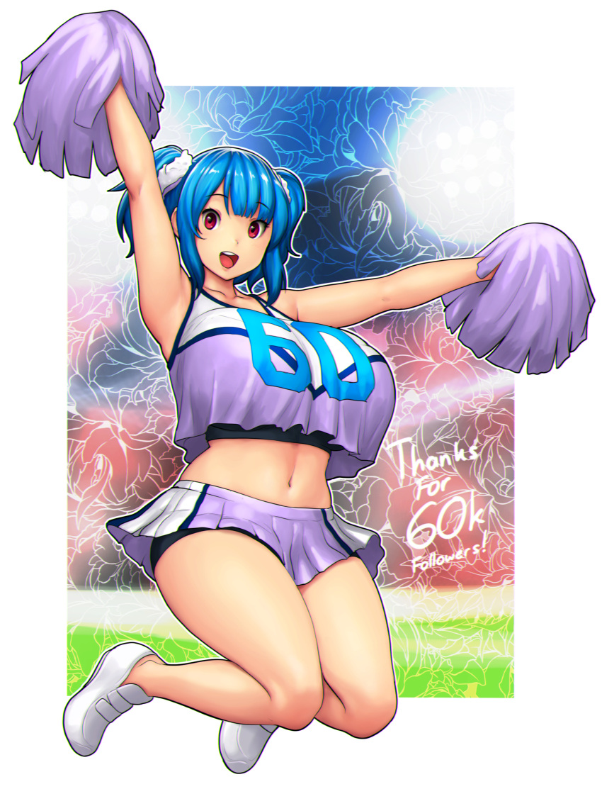 1girl, absurdres, armpits, arms_up, blue_hair, breasts, cheering, cheerleader