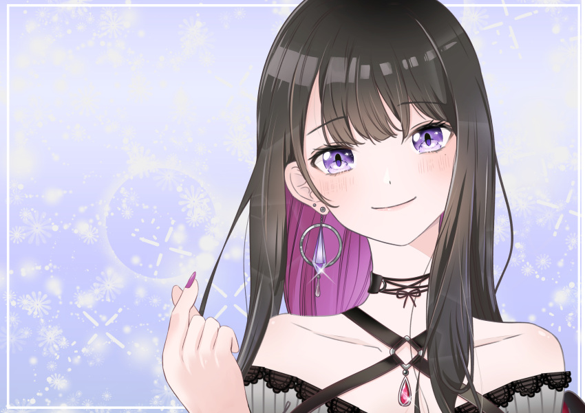 1girl, absurdres, bare_shoulders, black_hair, colored_inner_hair, earrings, fingernails, highres