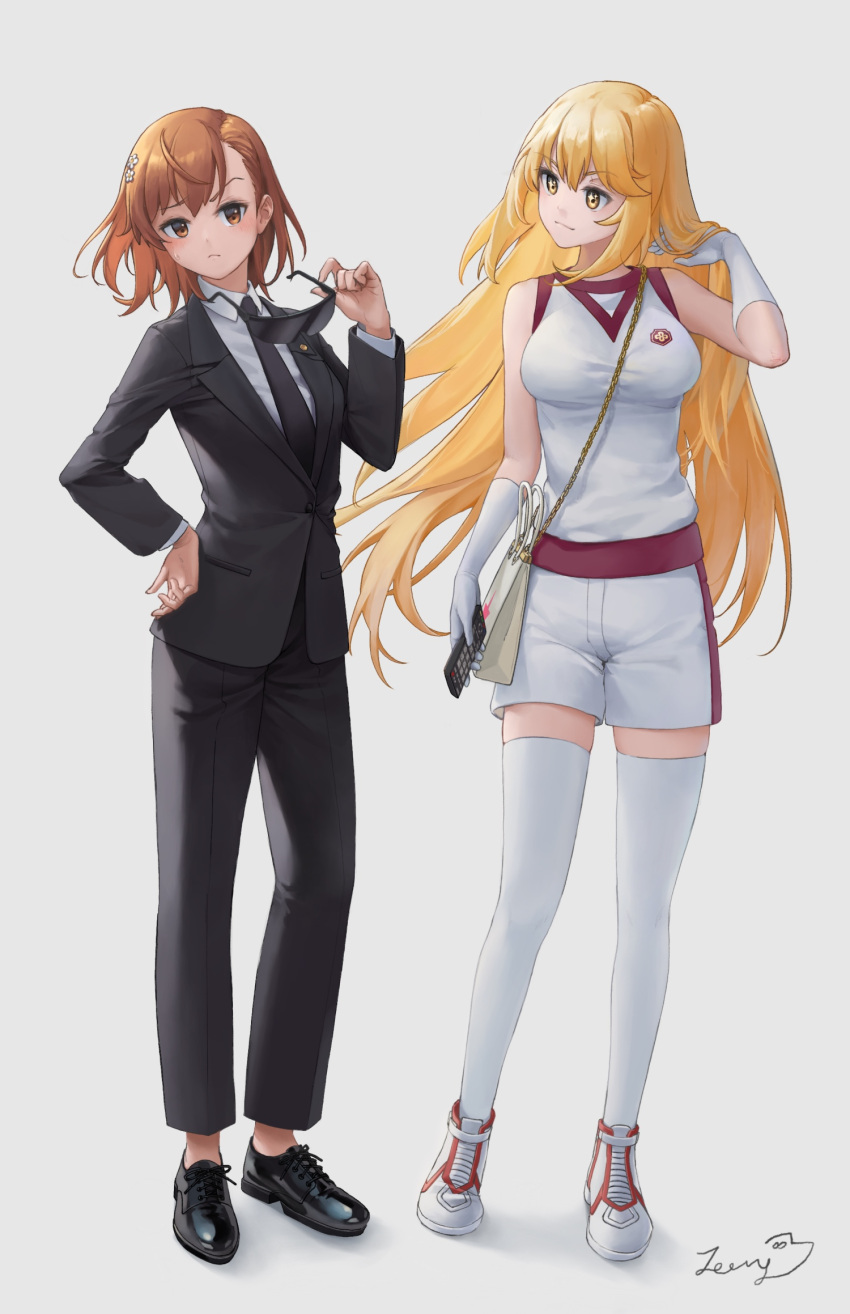 2girls, bag, bangs, black_footwear, black_jacket, black_neckwear, black_pants, blonde_hair