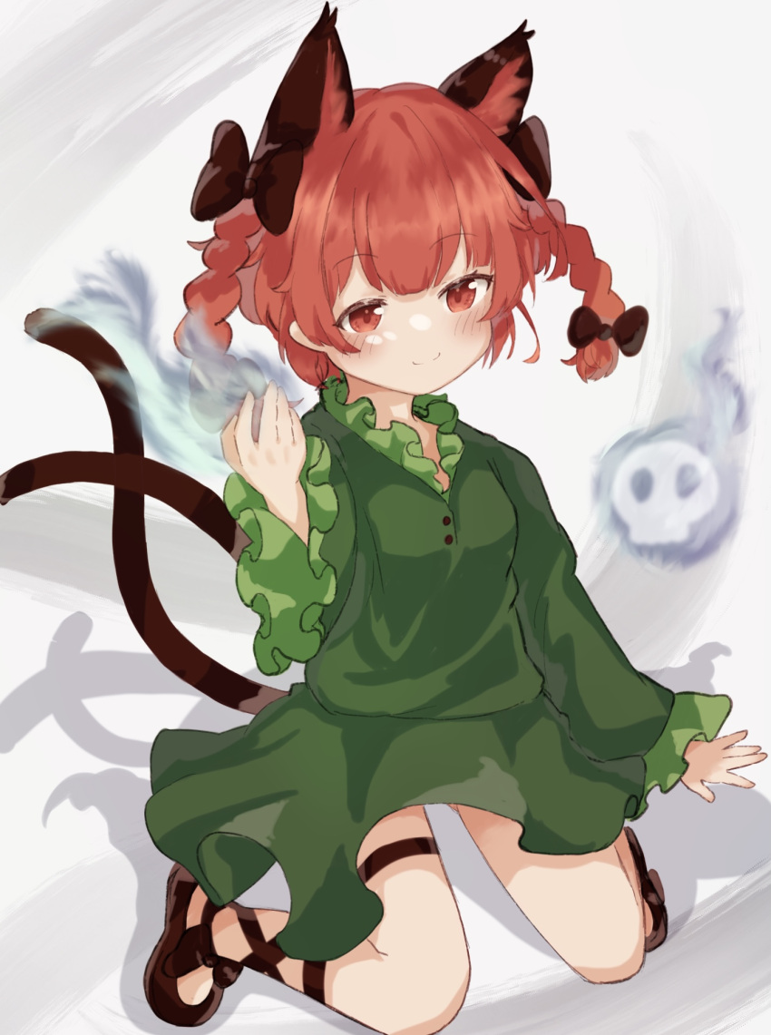 1girl, animal_ear_fluff, animal_ears, blush, braid, breasts, cat_ears, cat_tail, dress, extra_ears, green_dress, grey_background, hand_up, highres, hitodama, kaenbyou_rin, kneeling, lbwtnnvekvk5fft, long_hair, multiple_tails, nekomata, red_eyes, redhead, simple_background, skull, small_breasts, smile, solo, tail, touhou, twin_braids, twintails, two_tails