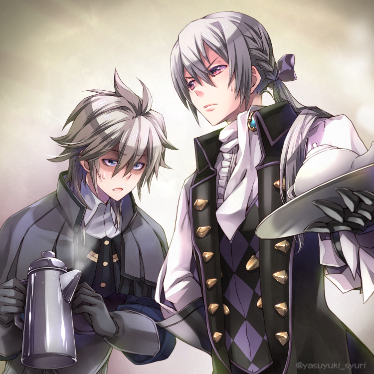 2boys, bangs, blue_eyes, breasts, closed_mouth, collared_shirt, dwyer_(fire_emblem), father_and_son