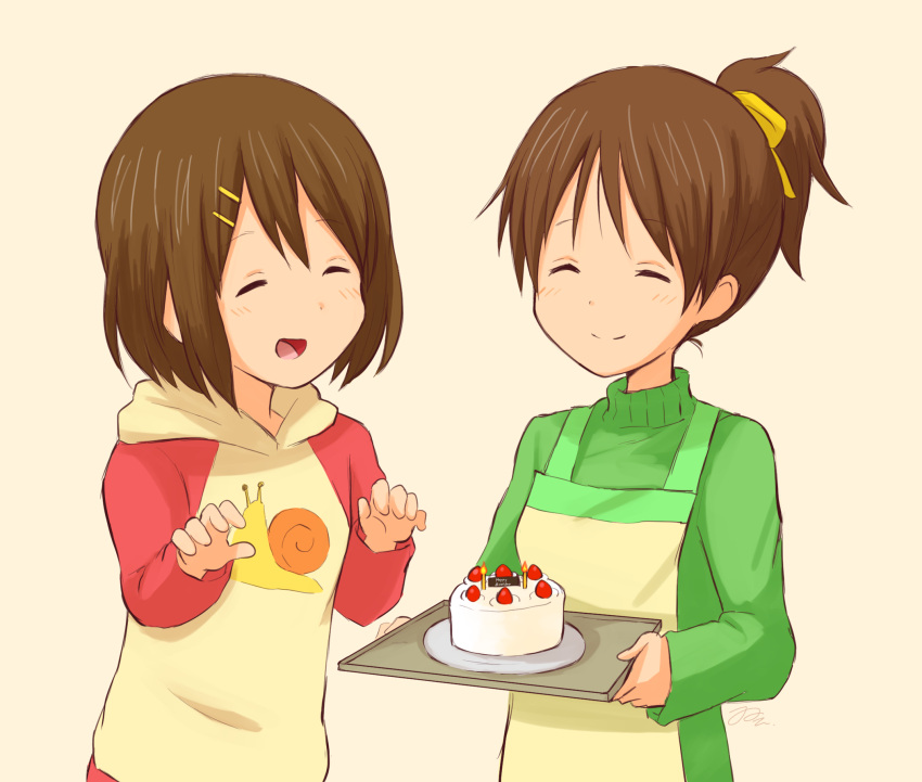2girls, ^_^, apron, brown_hair, cake, closed_eyes, een941, food