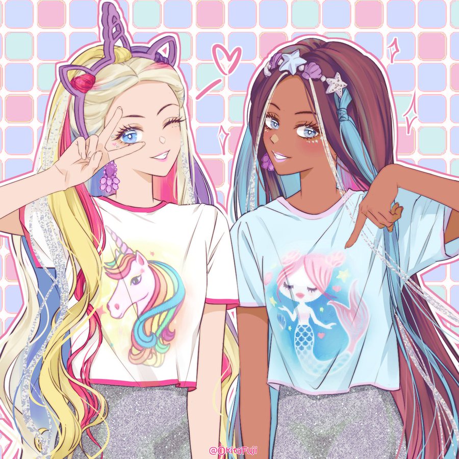 2girls, aqua_eyes, aqua_hair, barbie_(character), barbie_(franchise), blonde_hair, blue_eyes, blue_hair