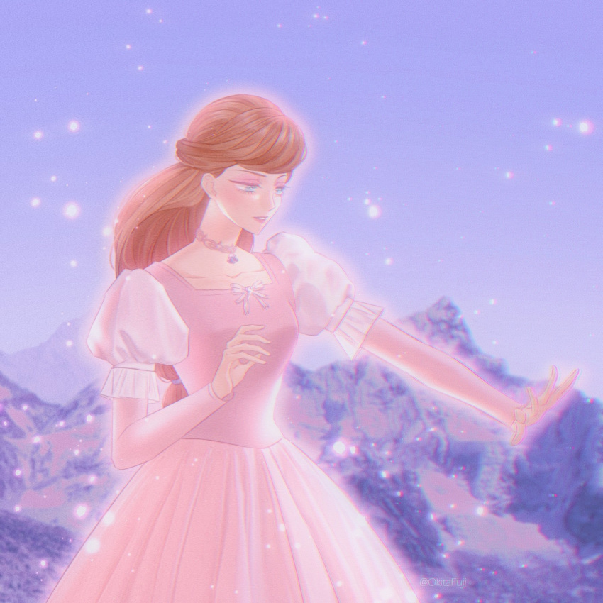 1girl, barbie_(franchise), barbie_and_the_magic_of_pegasus, barbie_movies, blue_eyes, brietta, brown_hair, choker, dress, eyeshadow, glowing, gown, highres, historic, jewelry, long_hair, makeup, mountain, necklace, okitafuji, outstretched_arm, pink_dress, pink_eyeshadow, puffy_short_sleeves, puffy_sleeves, purple_background, purple_sky, redhead, ribbon, short_sleeves, solo, sparkle, square_neckline, surprised, transformation