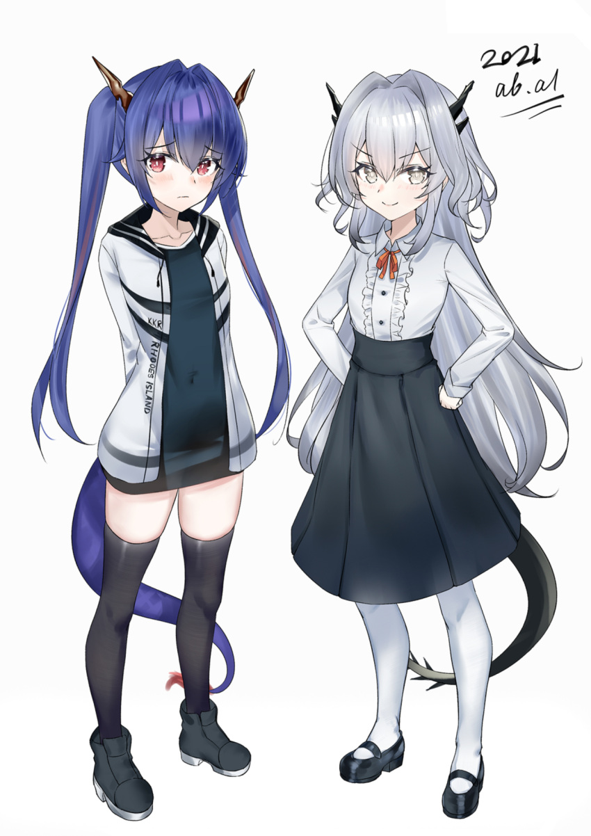 2girls, arknights, arms_behind_back, black_footwear, black_legwear, black_shirt, black_skirt, blue_hair