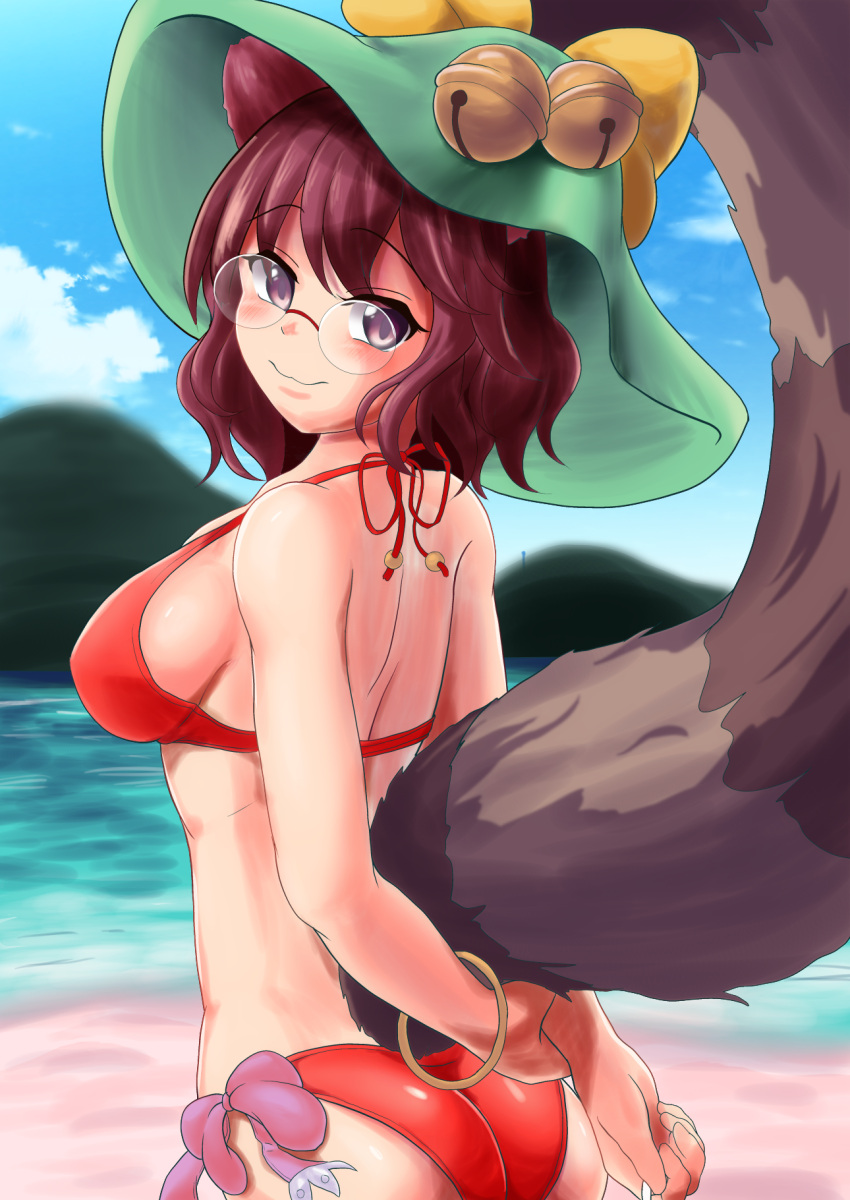 1girl, animal_ears, ass, beach, bell, bikini, blue_sky, blush