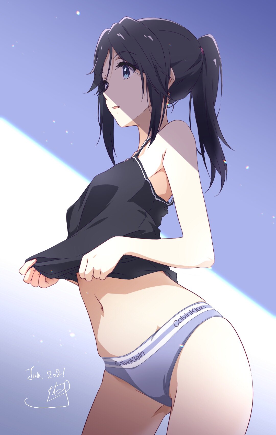 1girl, ass_visible_through_thighs, black_camisole, black_hair, blue_eyes, brand_name_imitation, calvin_klein, camisole