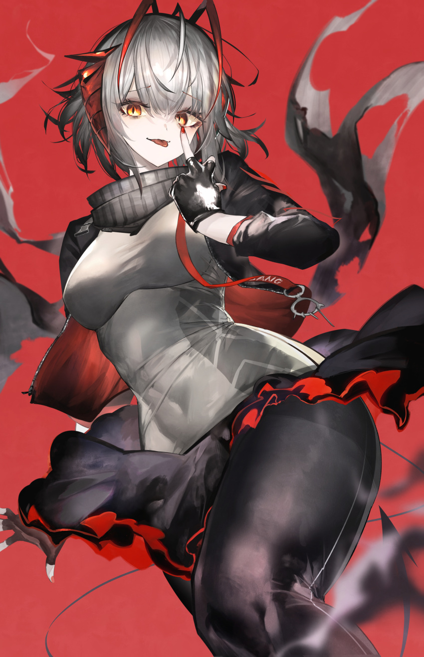 1girl, absurdres, ahoge, arknights, bangs, black_gloves, black_jacket, black_legwear