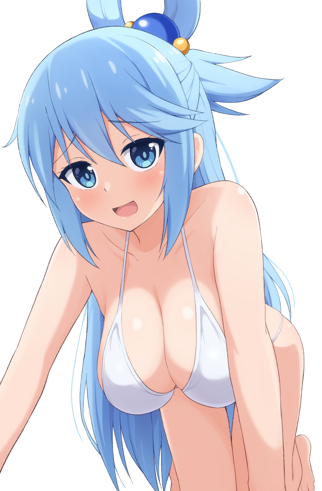 1girl, all_fours, alternate_costume, aqua_(konosuba), armpit_crease, barefoot, bikini, blue_eyes