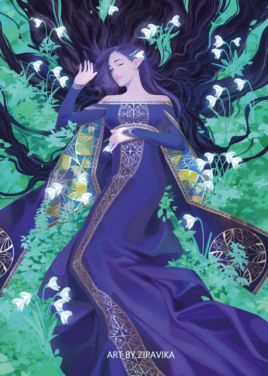 1girl, artist_name, black_hair, closed_eyes, closed_mouth, commentary, dress, elf