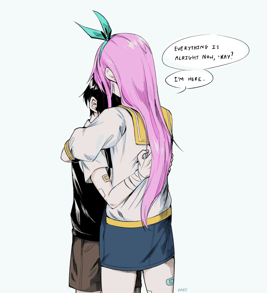 1boy, 1girl, absurdres, aqua_hairband, artist_name, aubrey_(omori), bandaged_wrist, bandaid