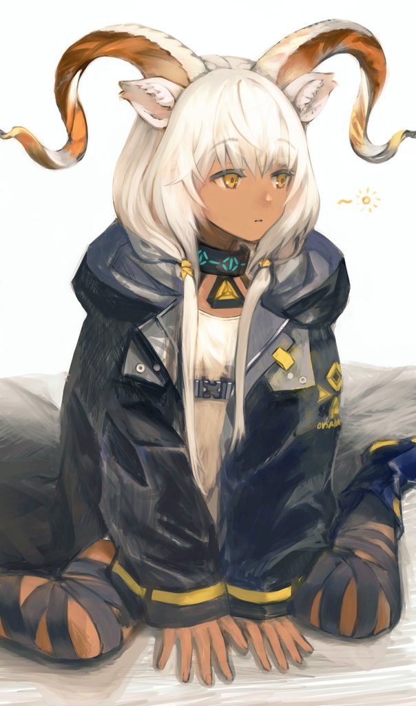 1girl, animal_ears, arknights, beeswax_(arknights), between_legs, black_footwear, black_jacket, boots, collar, dark-skinned_female, dark_skin, goat_ears, goat_girl, goat_horns, hand_between_legs, horns, infection_monitor_(arknights), jacket, long_hair, nnicoinu, open_clothes, open_jacket, shirt, sitting, solo, wariza, white_hair, white_shirt, yellow_eyes