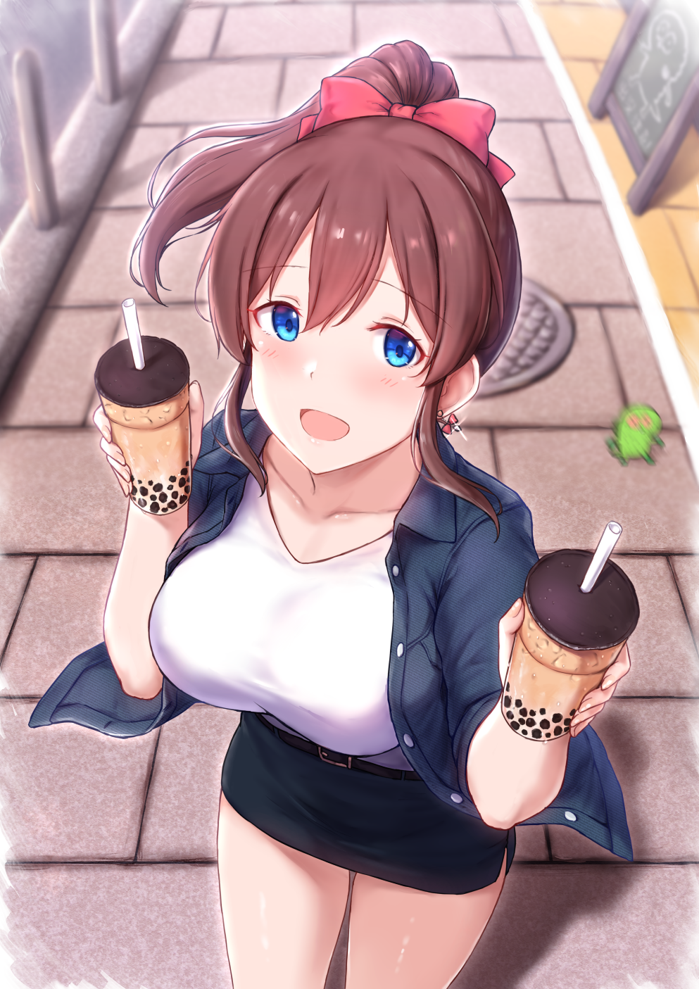 1girl, bangs, blue_eyes, blurry, breasts, brown_hair, bubble_tea, cai_geng