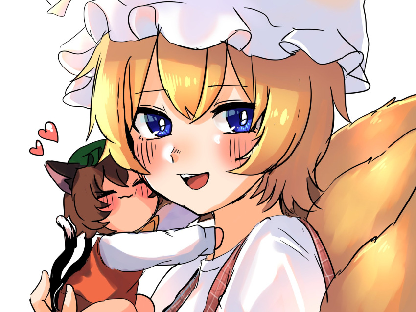 2girls, :d, animal_ears, blonde_hair, blue_eyes, blush, bright_pupils, brown_hair