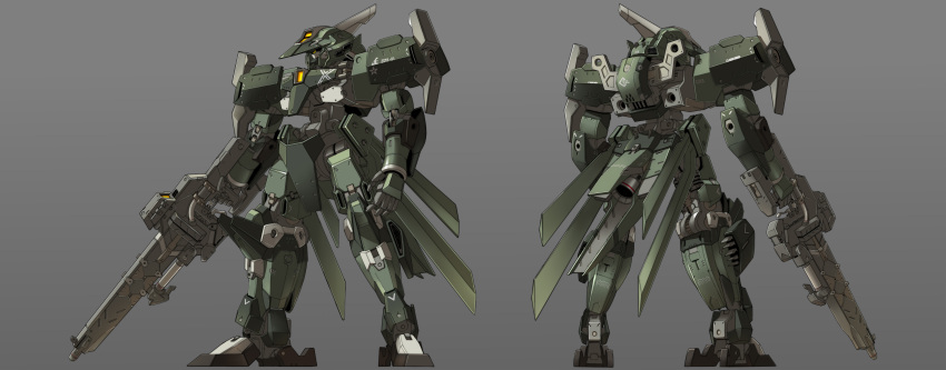 from_behind, graze_(mobile_suit), grey_eyes, gun, gundam, gundam_tekketsu_no_orphans, highres, holding, holding_gun, holding_weapon, mecha, mobile_suit, one-eyed, open_hand, orange_eyes, rabo, science_fiction, standing, weapon