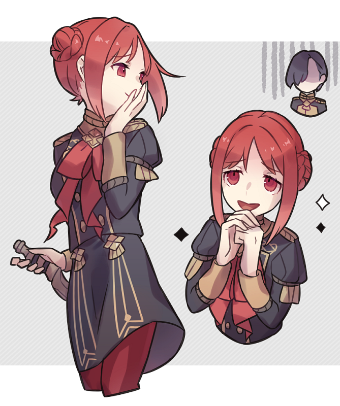 1boy, 1girl, :d, black_hair, border, braid, braided_bun, chibi, chibi_inset, dagger, double_bun, eyebrows_visible_through_hair, fire_emblem, fire_emblem:_three_houses, garreg_mach_monastery_uniform, haconeri, hair_bun, hidden_weapon, hubert_von_vestra, knife, long_sleeves, monica_von_ochs, multiple_views, open_mouth, red_legwear, redhead, short_hair, side_bun, sidelocks, smile, solo_focus, striped, striped_background, upper_body, weapon, white_border