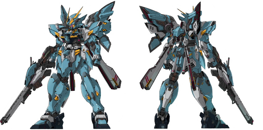 clenched_hand, gun, highres, holding, holding_gun, holding_weapon, huckebein, looking_ahead, mecha, multiple_views, rabo, red_eyes, redesign, science_fiction, standing, super_robot_wars, super_robot_wars_original_generation, v-fin, weapon, white_background