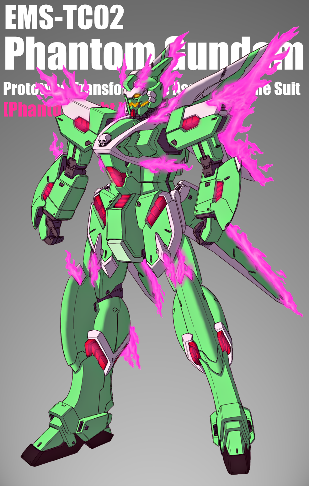 character_name, clenched_hands, crossbone_gundam, crossbone_gundam_ghost, csg, glowing, glowing_eyes, grey_background