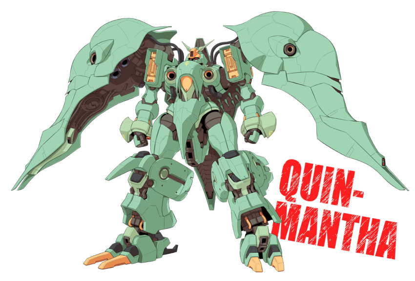 gundam_zz, mami_akira, mecha, quin_mantha, simple_background, solo, text