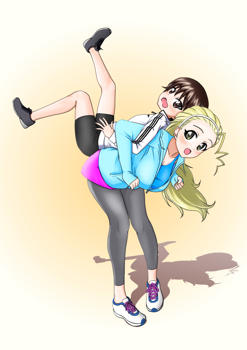 2girls, 2gong, :d, absurdres, back-to-back, bangs, bike_shorts, black_footwear, black_shorts, blonde_hair, blue_jacket, breasts, brown_eyes, brown_hair, casual, commentary, frown, girls_und_panzer, grey_legwear, hachiko_(kota091986), hair_pulled_back, hairband, highres, isobe_noriko, jacket, large_breasts, leaning_forward, leggings, legwear_under_shorts, lifting_person, long_hair, long_sleeves, looking_at_viewer, looking_back, multiple_girls, no_socks, open_mouth, orange_background, partially_unzipped, ponytail, purple_shorts, sasaki_akebi, shadow, shoes, short_hair, short_shorts, shorts, smile, sneakers, sportswear, stretch, track_jacket, white_footwear, white_hairband