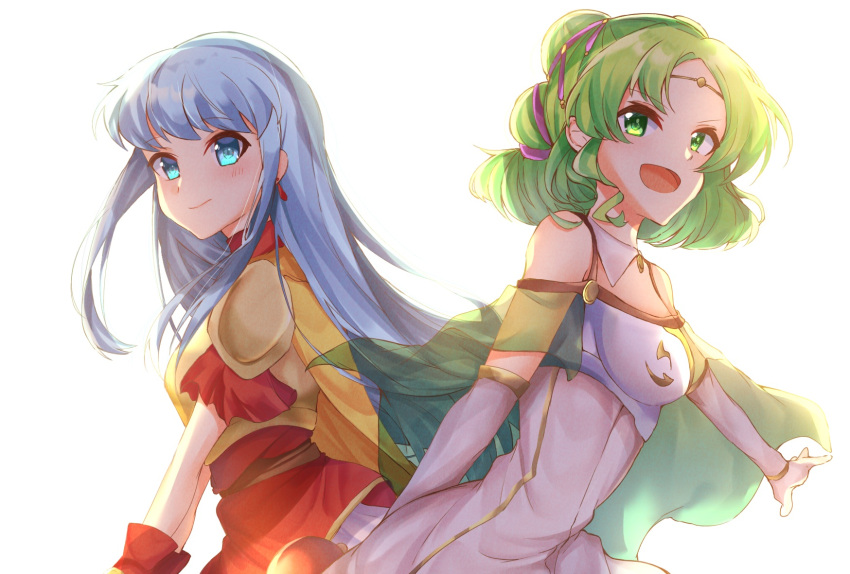2girls, aqua_eyes, aqua_hair, armor, bangs, bare_shoulders, blush, breastplate