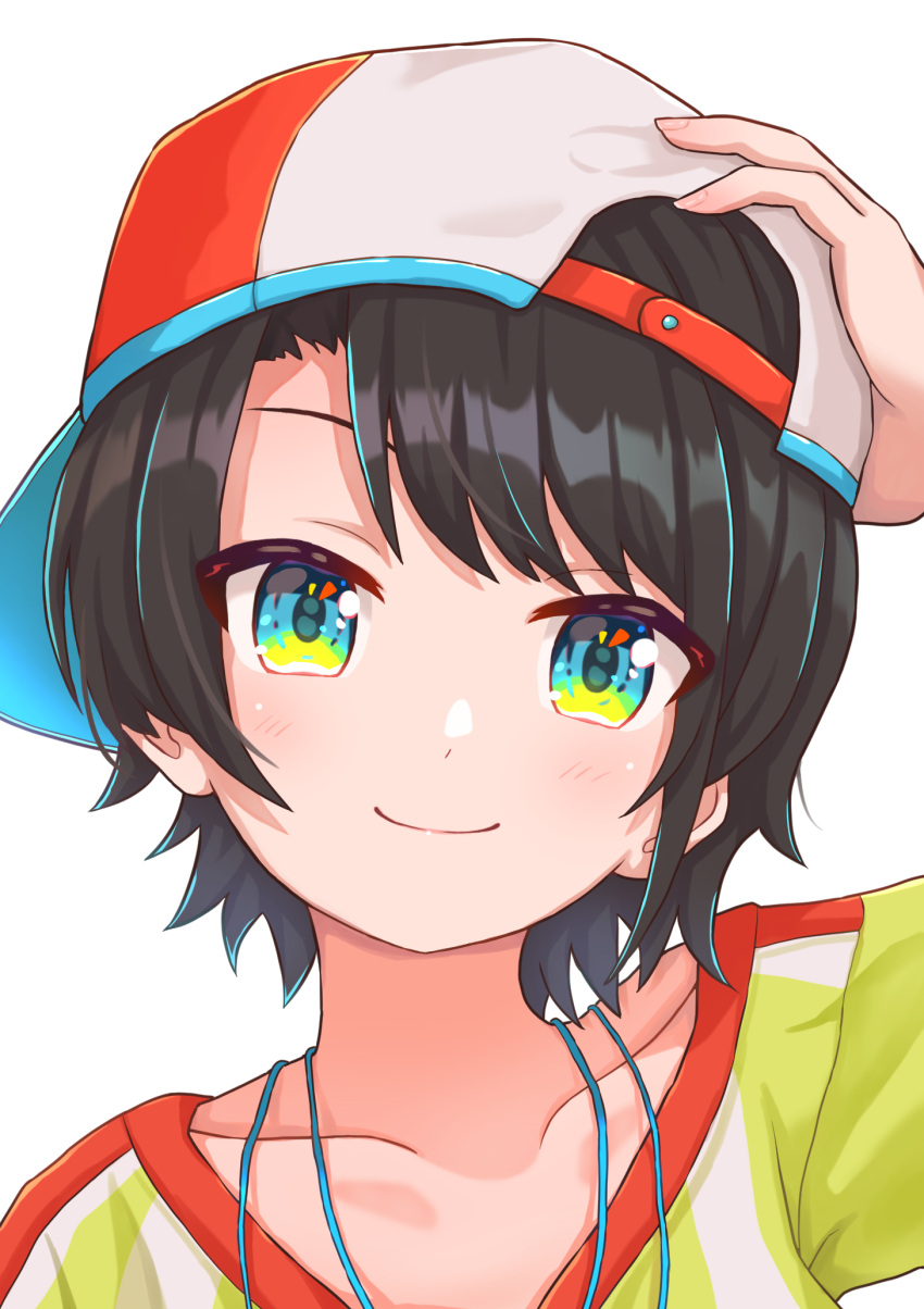 1girl, aqua_eyes, backwards_hat, bangs, baseball_cap, blush, brown_hair, close-up