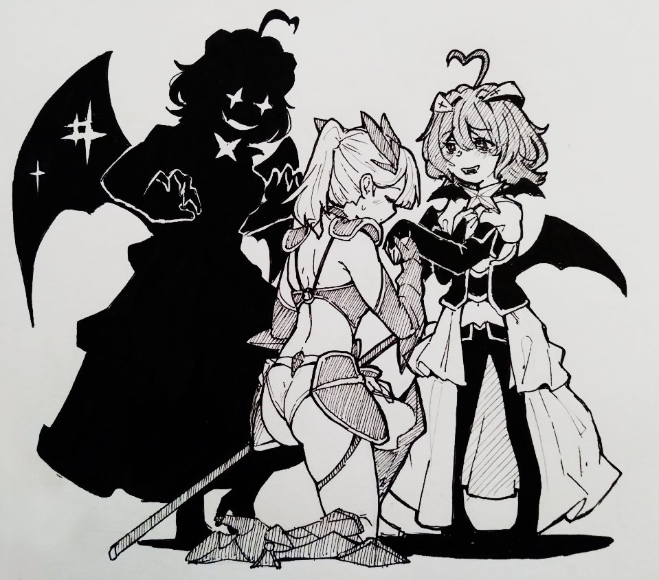 2girls, ahoge, ao_ga_cool_nante_dare_ga_kimeta!?, armor, ass, back, bat_wings, bikini_armor, crossover, dark_persona, fangs, genuflecting, gunjou_azusa, hand_kiss, hiiragi_utena, hiwonoafu, kiss, living_shadow, long_hair, magical_girl, mahou_shoujo_ni_akogarete, medium_hair, midriff, monochrome, multiple_girls, navel, panties, ponytail, shadow, simple_background, star-shaped_pupils, star_(symbol), symbol-shaped_pupils, underwear, wings, you_gonna_get_raped, yuri
