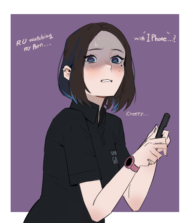 1girl, black_shirt, blue_eyes, brown_hair, cellphone, clenched_teeth, clothes_writing, english_text
