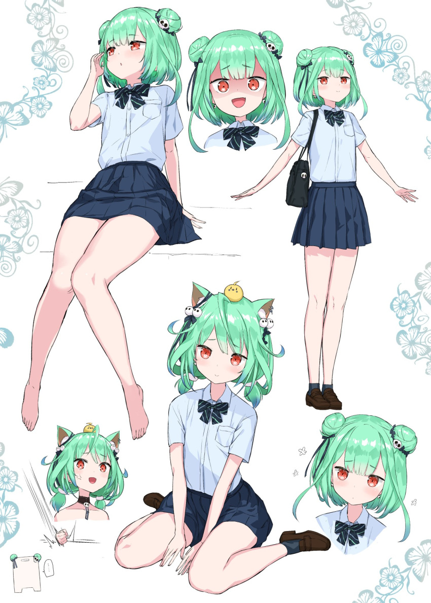 ..., 1girl, :d, anger_vein, animal_ears, animal_on_head, bag, barefoot
