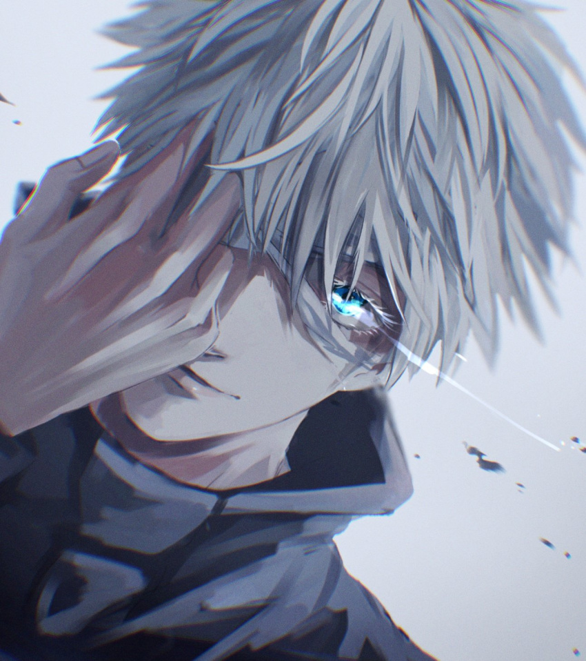1boy, bangs, black_jacket, blue_eyes, gojou_satoru, hair_between_eyes, hand_over_eye, hand_up, high_collar, highres, jacket, jujutsu_kaisen, looking_at_viewer, male_focus, mothald, parted_lips, portrait, short_hair, smile, solo, white_background, white_hair