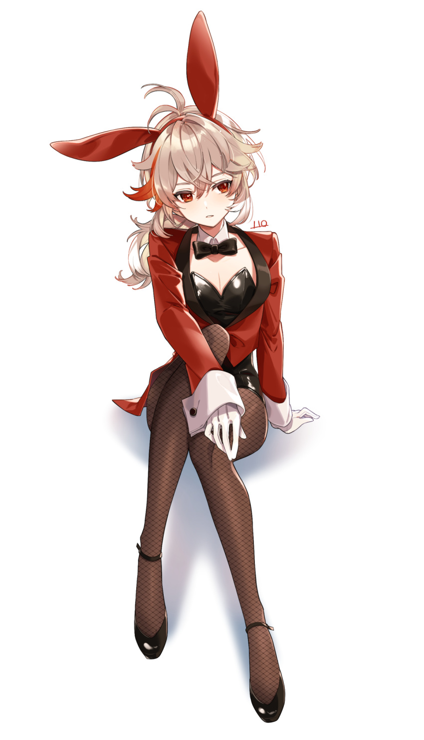 1boy, animal_ears, black_leotard, black_neckwear, bow, bowtie, brown_legwear, coat