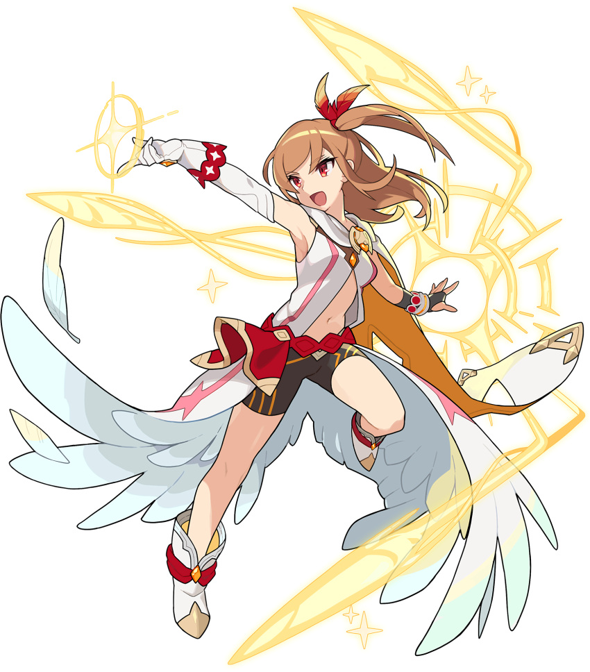 1girl, arm_up, artist_request, asymmetrical_gloves, aura, bangs, belt, bike_shorts, black_gloves, bracelet, breasts, brooch, brown_hair, cape, crystal, dress, elbow_gloves, eliya_(world_flipper), eyebrows_visible_through_hair, feather_hair_ornament, feathers, fingerless_gloves, full_body, gloves, hair_ornament, happy, highres, index_finger_raised, jewelry, jumping, layered_gloves, leg_up, long_hair, magic_circle, mismatched_gloves, navel, non-web_source, official_art, one_side_up, open_clothes, open_dress, open_mouth, outstretched_arm, outstretched_arms, red_eyes, shiny, shiny_hair, shoes, sidelocks, skin_tight, sleeveless, sleeveless_dress, small_breasts, smile, solo, spread_legs, stomach, tied_hair, transparent_background, two-sided_cape, two-sided_fabric, v-shaped_eyebrows, white_cape, white_dress, white_footwear, white_gloves, world_flipper
