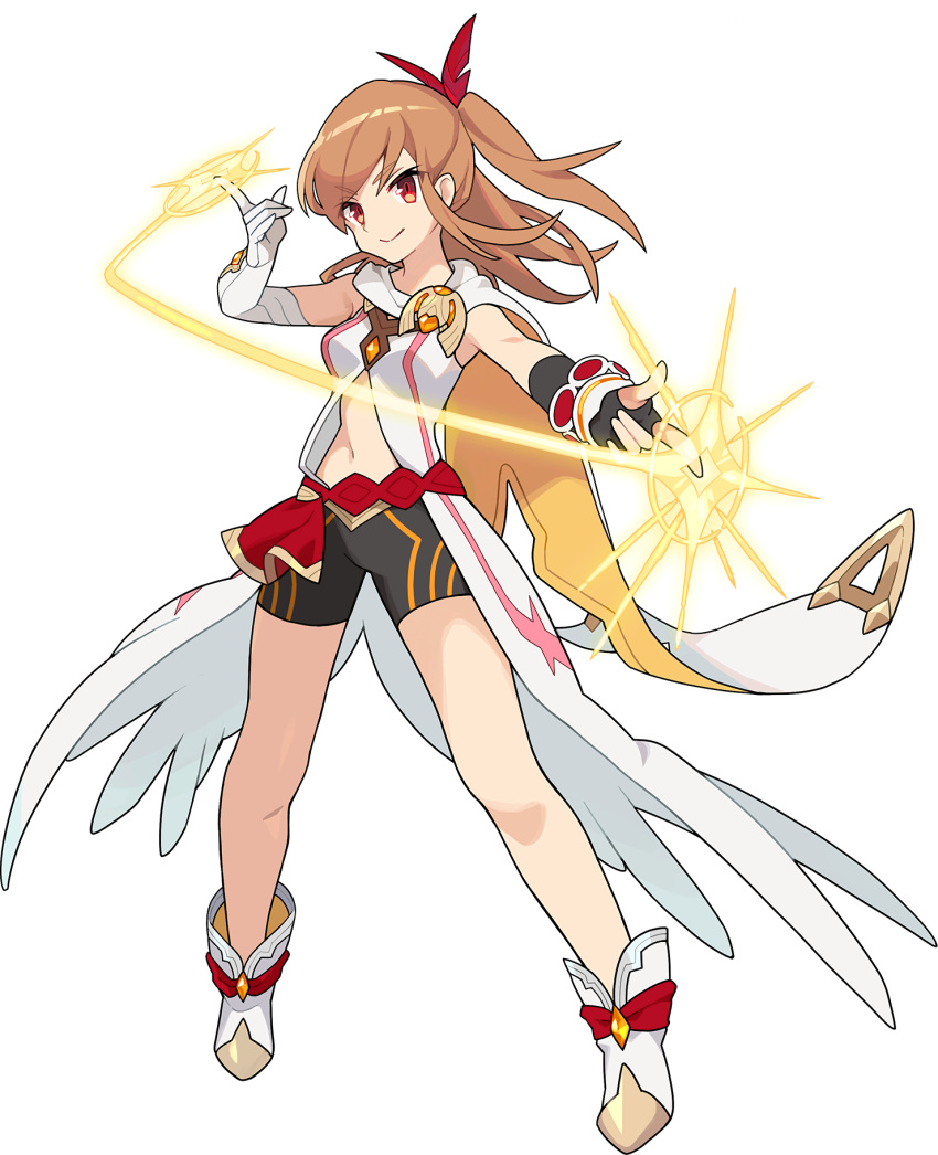 1girl, arms_up, artist_request, asymmetrical_gloves, aura, bangs, belt, bike_shorts