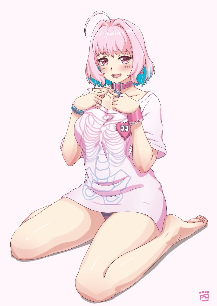 1girl, ahoge, barefoot, belt_collar, blue_hair, blush, bracelet, breasts