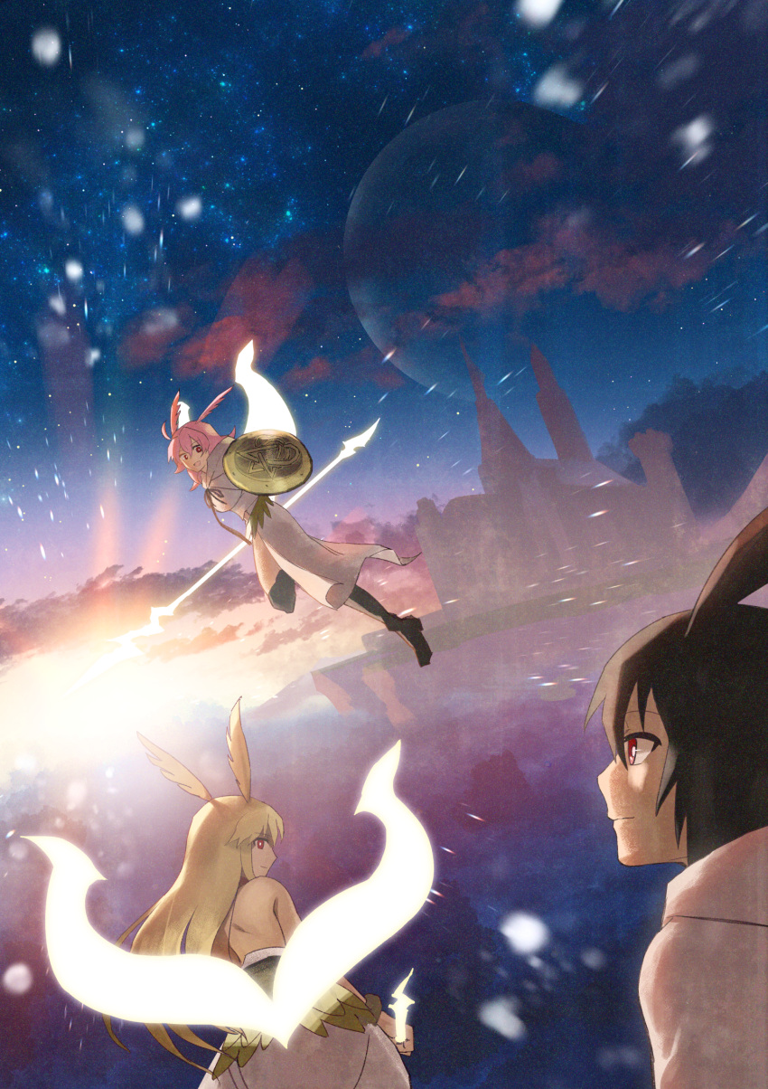 3girls, akizora, back, bangs, bare_back, bare_shoulders, black_hair, blonde_hair