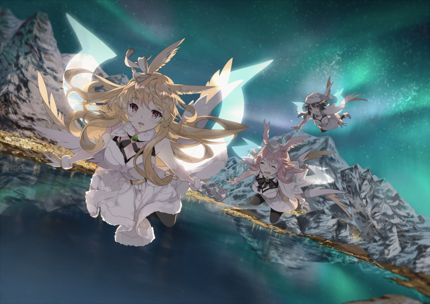 3girls, aurora, bangs, black_eyes, black_hair, black_legwear, blonde_hair, breasts