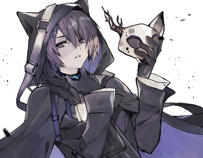 1boy, animal_hood, arknights, bangs, black_cape, black_gloves, black_jacket, brown_eyes