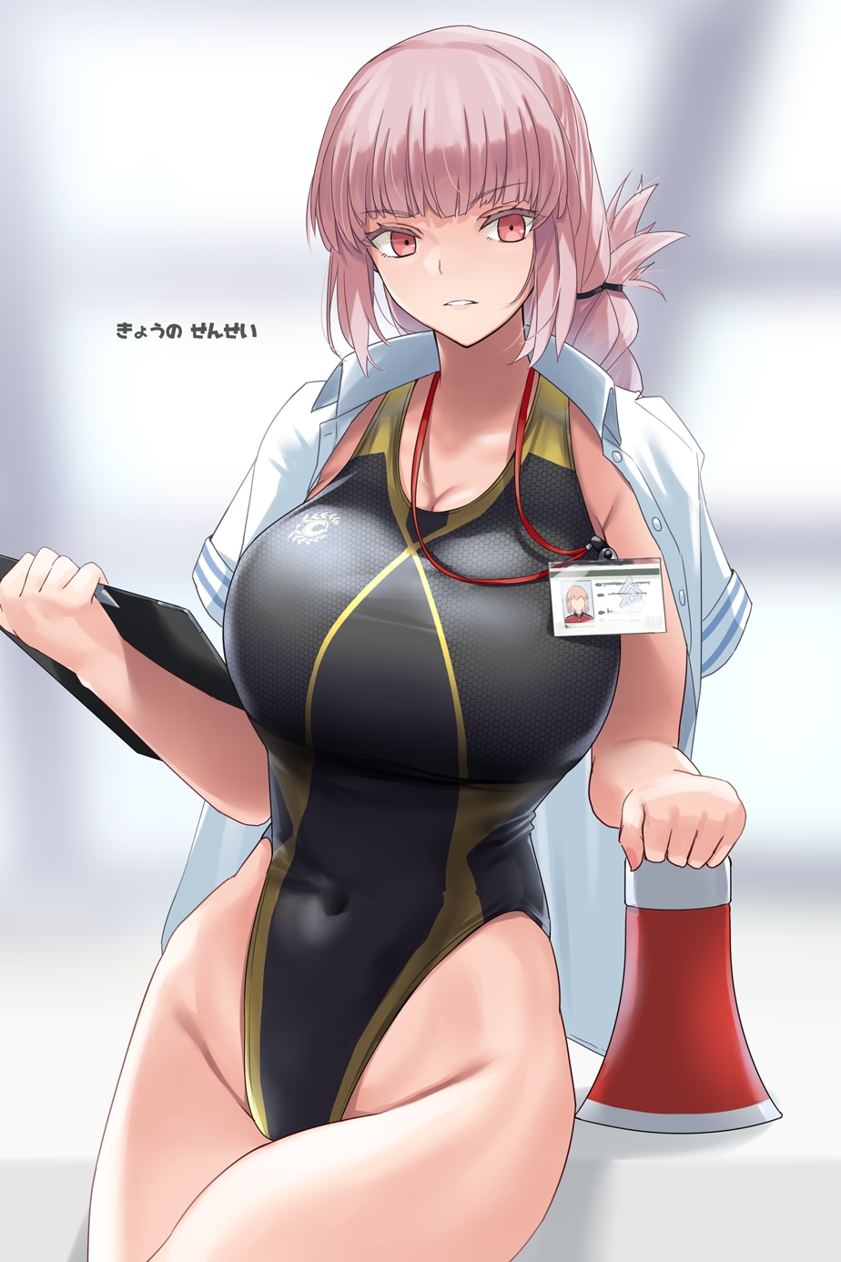 1girl, bangs, bare_shoulders, black_swimsuit, blurry, blurry_background, braid, breasts