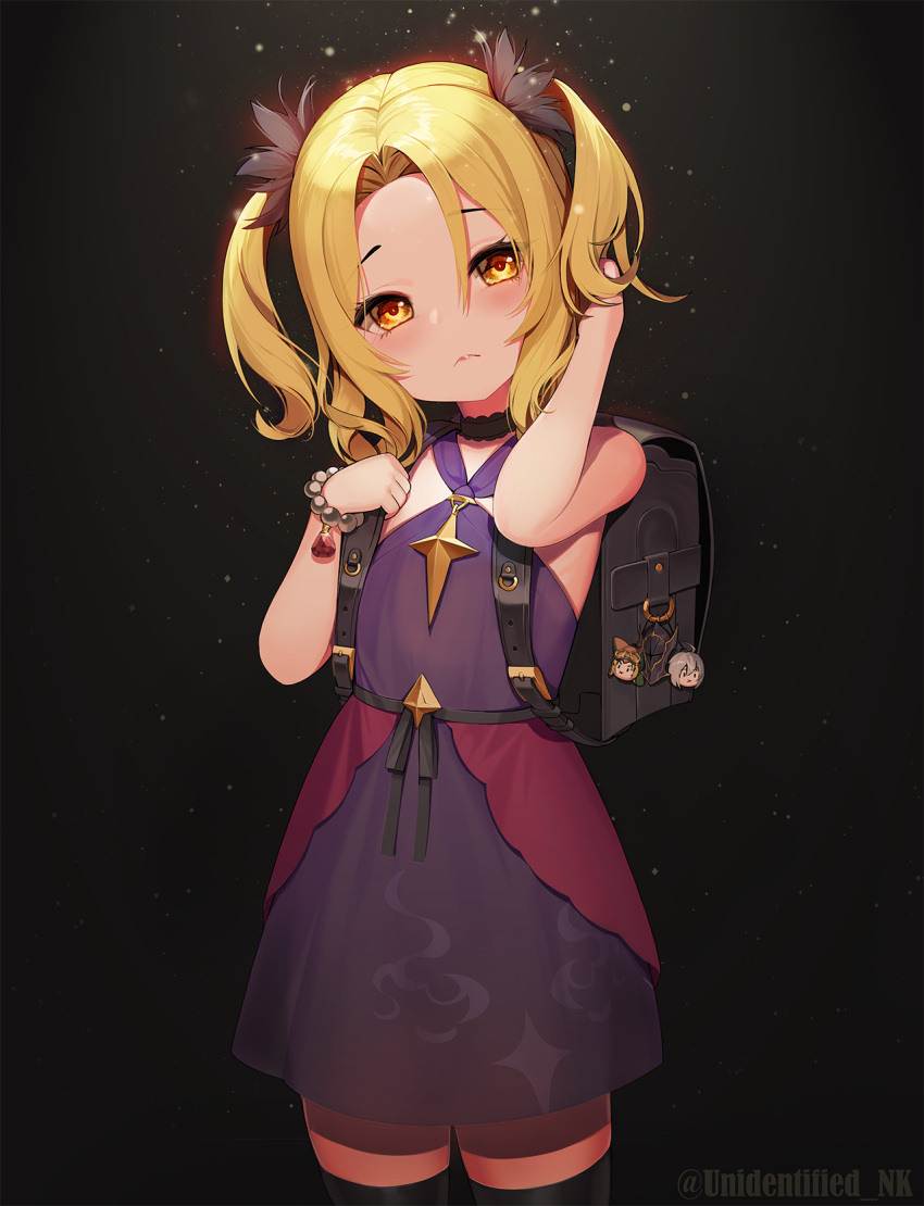 1girl, backpack, bag, bare_shoulders, black_background, black_bag, black_legwear, blonde_hair