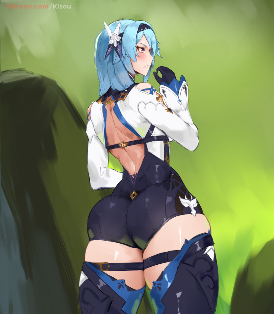 1girl, ass, bare_back, black_gloves, black_legwear, blue_hair, blush, commentary