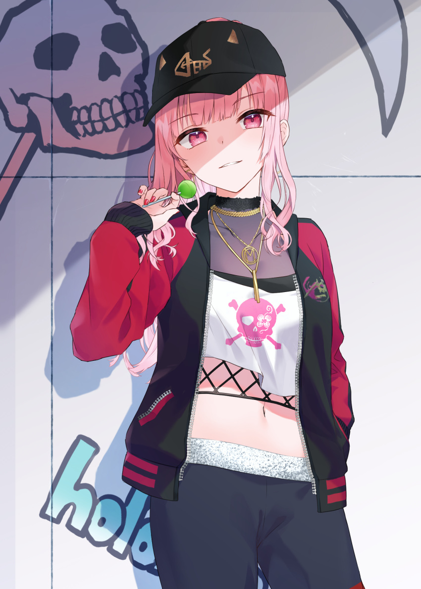 1girl, bangs, black_headwear, black_jacket, black_pants, breasts, candy, covered_collarbone